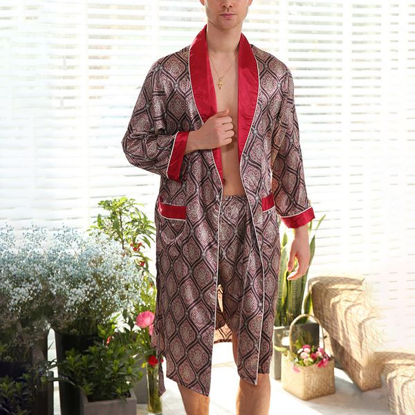 

men's robe sets fashion printed 2psc set sleepwear bathrobe plus size red print male night gown+shorts, Black;brown