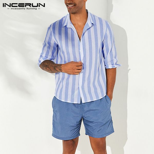 

incerun 2019 vintage striped men shirt turn-down collar 3/4 sleeve loose camisa streetwear casual brand shirts men harajuku, White;black