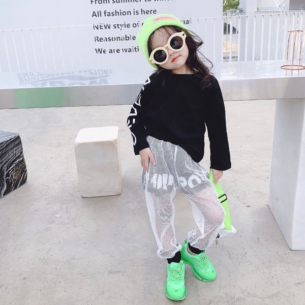 

2019 autumn new children's casual pants personalized stitching mesh letters jazz street dance foreign performance trousers tide, Blue