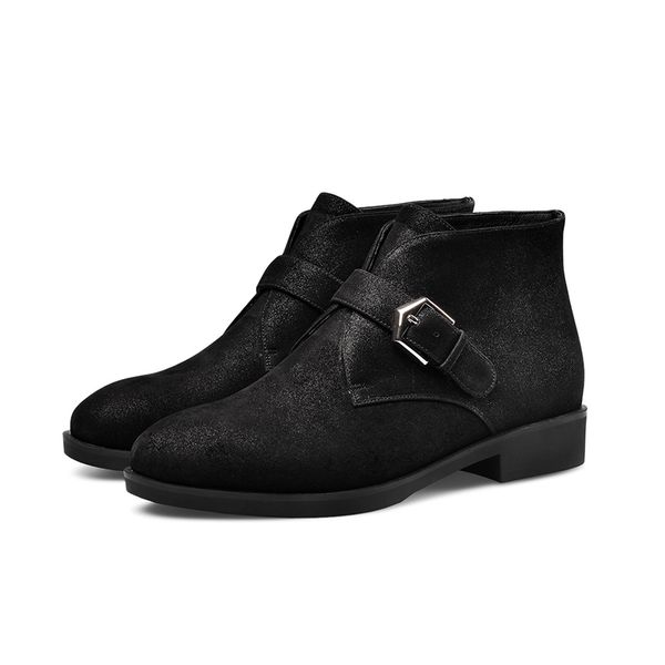 

women's genuine suede leather flats ankle boots metal buckle autumn leisure soft short booties female casual boots shoes women, Black