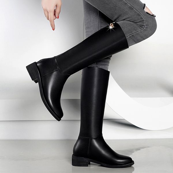 

nice new women knee high rain boots flat heels winter elegant metal zipper shoes woman office lady comfortable career dress boot, Black
