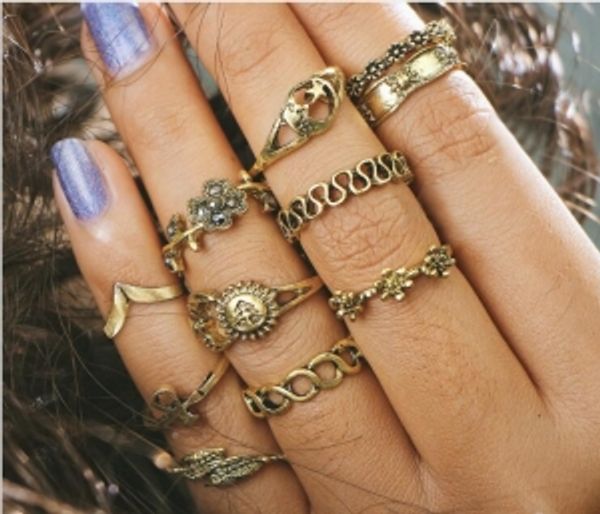 

maxi flower-studded leaves 11-piece ring pierced moon set tail ring, Silver