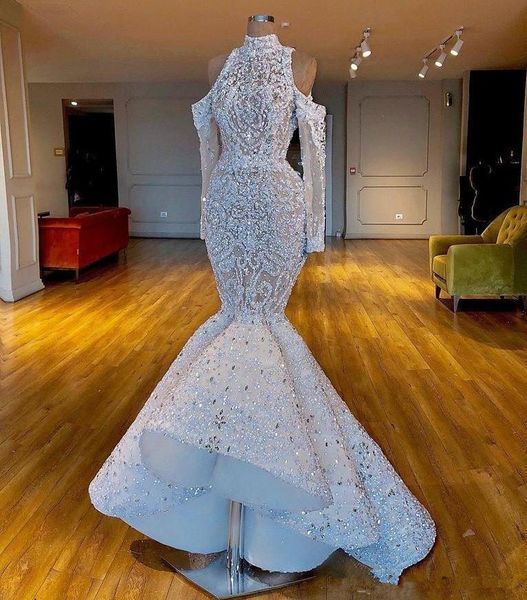 

luxury sparkly arabic design crysyal beaded high neck mermaid saudu dubai wedding dress vintage long sleeevs plus size bridal gown, White