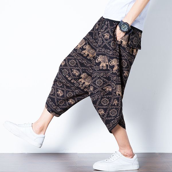 

mens cotton linen pants male summer casual ankle-length pants man 2019 pattern print baggy loose trousers, Black