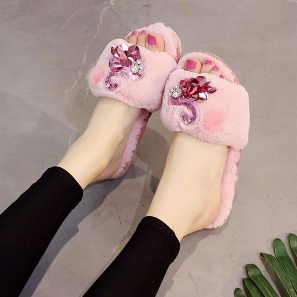 

girl's sweet pink fur slippers glitter swan pantufa women mink pompon flipflops furry plush slides ladies crystal home shoess306, Black