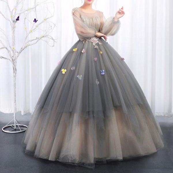 Graue Vintage-Prinzessin-Tutu-Blume-Abschlussballkleider mit geschwollenen vollen Ärmeln, handgefertigten Blumen, glitzernden langen Abendkleidern, mit Schnürung, Robe De Bal