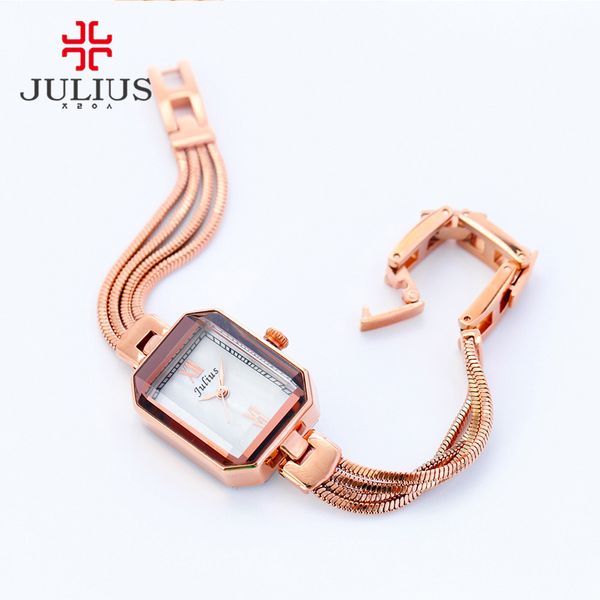 JULIUS Rechteckige neueste Damenuhren, 7 mm, ultradünn, berühmte Marken-Designer-Uhr, Kupfer-Armband, Roségold, Silber, JA-716