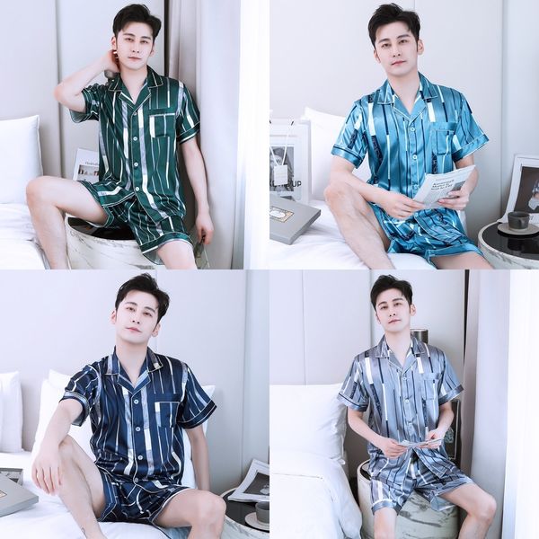 

men's clothes home pajamas imitation silk thin wide stripe short-sleeved pajamas large size home clothes, Blue;red