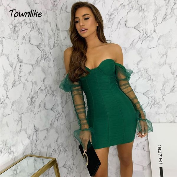 

townlike long puff sleeve ruffle mesh dress women ruched mini bodycon dress off shoulder backless short club party dresses, Black;gray