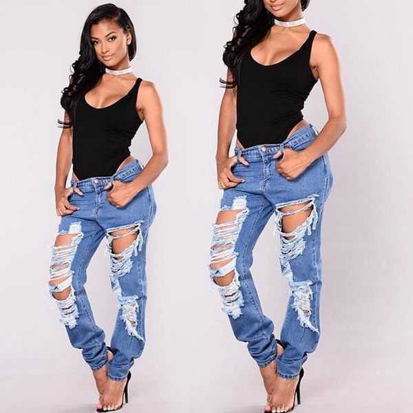 

boyfriend hole ripped jeans women destroyed distressed pants cool demin loose vintage jeans girl mid waist casual pants female, Blue