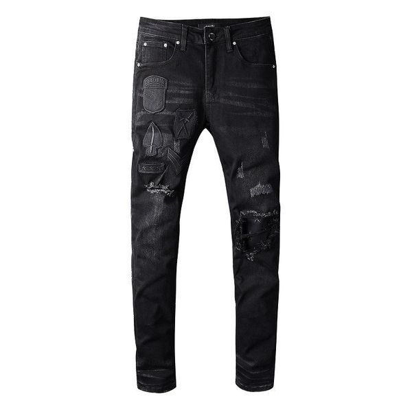 

mens designer jeans slim fashion brand denim pencil pants hole washed embroidery patch ripped distressed motorcycle pants, Blue