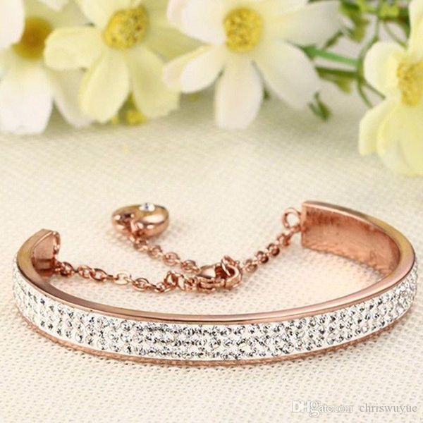 

rose gold color crystal rows cuff bangle for women bracelet fashion stainless steel jewelry, Black