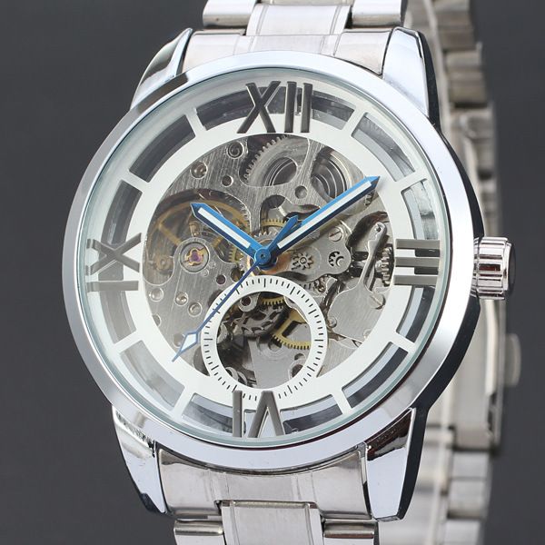 

50pcs/lot winner-d168 skeleton winner date watch stainless steel mechanical watch hollow out men calendar winner, Slivery;brown
