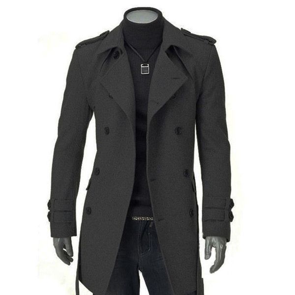 

winter men warm jackets black grey faux wool trench men cardigan business clothes slim fit belted long coat outwear masculina, Tan;black