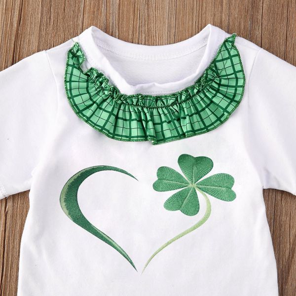 

st. patrick's day clover newborn baby girl clothes sets 0-18m print short sleeve romper ruffle shorts clothes, White