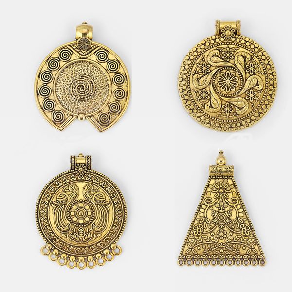 

2pcs antique gold large round tribal bohemian boho medallion trapezoid charms pendants connectors for necklace making jewelry, Silver