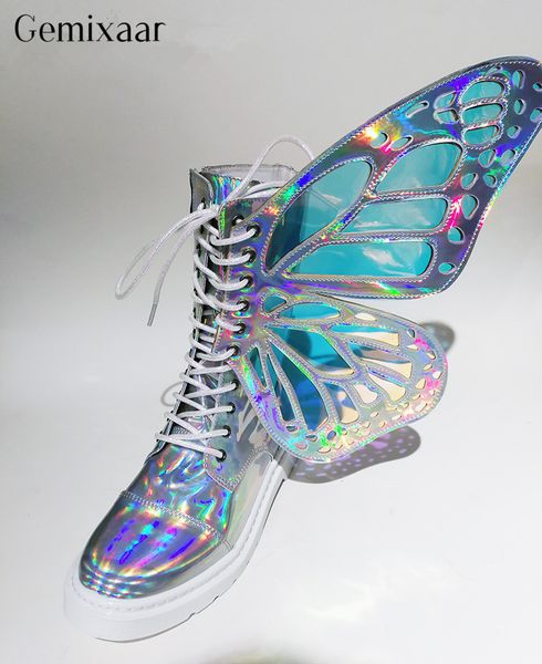 

fashion dazzling huge butterfly-wing shoes woman cross-tied round toe platform boots bling wing party runway botas, Black