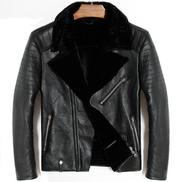 

mens genuine leather bomber pilot jacket sheepskin winter thick warm liner cashmere fur collar black luxury coats plus size 5xl