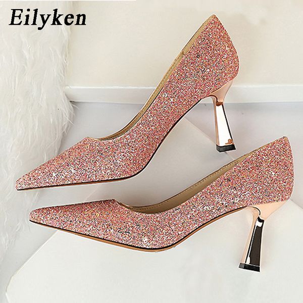 

eilyken 2020 spring fashion women glitter sequin high heel elegant bride wedding pink shoes pointed toe strange heel pumps, Black