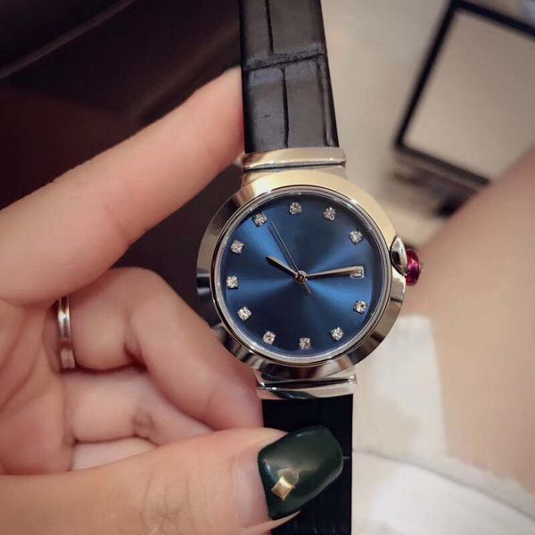 

elegant 33mm quartz outdoor womens watches ladies watch mother of pearl blue dial diamond hour markers with black leather band pink crown, Slivery;brown