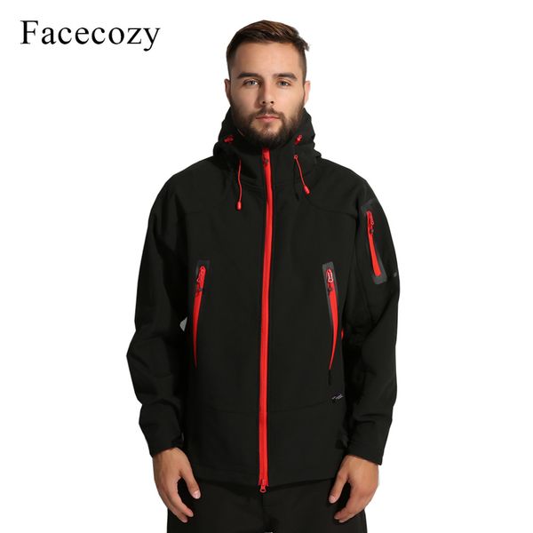 

facecozy men's autumn winter outdoor breathable softshell camping hiking jacket male fleece hooded thermal fishing skiing coat, Blue;black