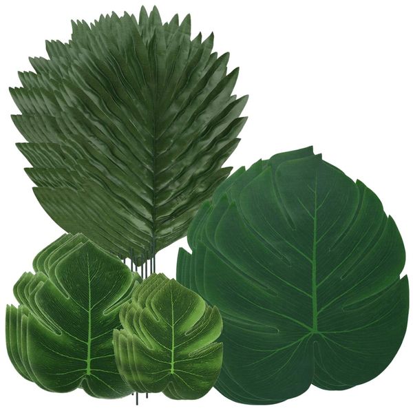 

48pcs jungle beach theme decorations artificial palm leaves & turtle leaf fern plant with stem for hawaiian party