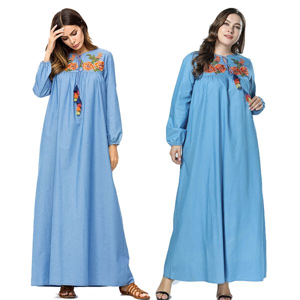 

muslim dress blue denim abayas for women plus size islamic clothing dubai flowers embroidery turkey turkish kaftan jean robe, Red
