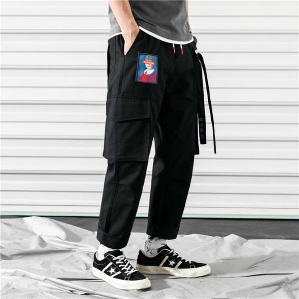 

zk pockets cargo harem pants mens casual joggers baggy ribbon gzk tactical trousers harajuku streetwear hip hop pants, Black