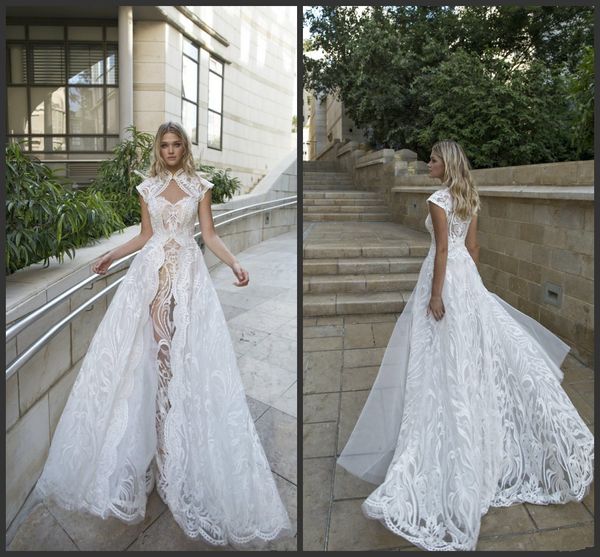 2020 Nuovi abiti da sposa bianchi A Line Abiti da sposa in pizzo con taglio speciale Sweep Train Plus Size Abito da sposa da giardino