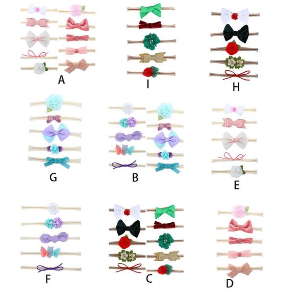 

5/10pcs newborn baby traceless hairband sweet candy color bowknot flower headband handmade sewing elastic headwrap p props, Slivery;white