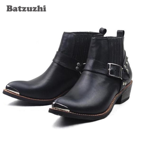 

fashion western cowboy boots punk combat men's dress boots motorcycle metal cap buckle botas real leather, big 46, Black