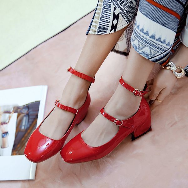 

summer 2019 chunky heels red black mary jane ankle strap shoes patent shoes woman hih heel pumps party office bi size