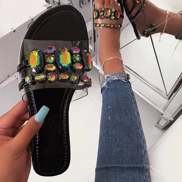 

2020 new women summer slippers ladies shiny glitter crystal female casual woman outdoor flip flop women's slip on flat shoes c15, Black