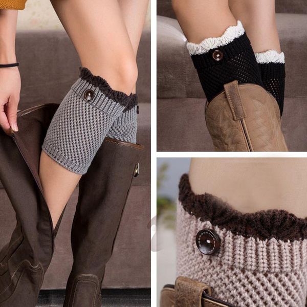 

la maxpa knit lace boot cuffs double colors knitted buttons down boot socks crochet ers gaiter k21781, Black;white