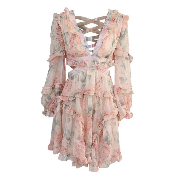 

ruffles floral dress backless one piece skirt women hollowing out long sleeves frenulum posterior deep v collar 189kz f1, Red;white