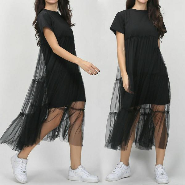 

women short sleeve sundress patchwork black beach summer casual short sleeve loose long dresses, Black;gray