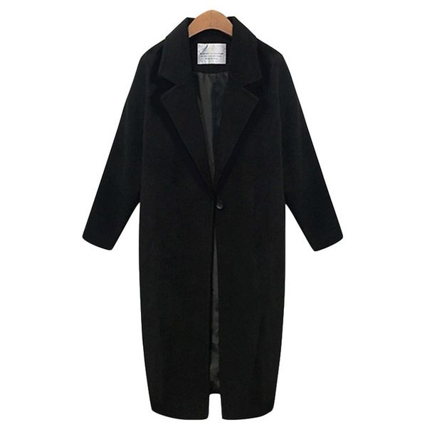 

winter autumn long coat plus size women solid pockets slim casual open stitch elegant korean style office lady coat woolen, Black