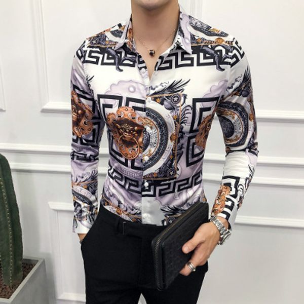 

2019 new men's shirt long sleeve shirt fashion men's fashion british gentleman korean slim print totem big flower top, White;black