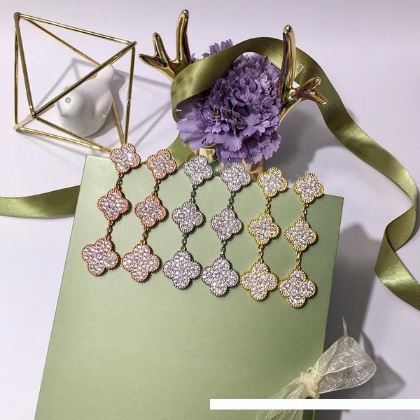 

yellow rose white gold plated full zircon 3 flowers long earrings for women new arrival luxury fashion jewelry wholesale, Golden