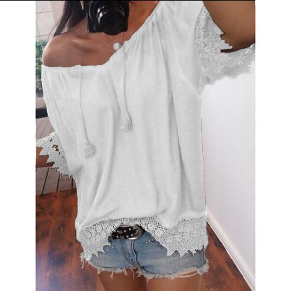 

feitong large size women blouse women casual v-neck solid lace blouse patchwork short sleeve blusas mujer de moda, White