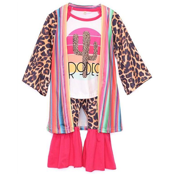 

Little Kids Girls 3 pcs Boutique Clothing Set Hot Sale Rodeo Top Leopard Bell Pants and Cardigan Outfit Clothes Set