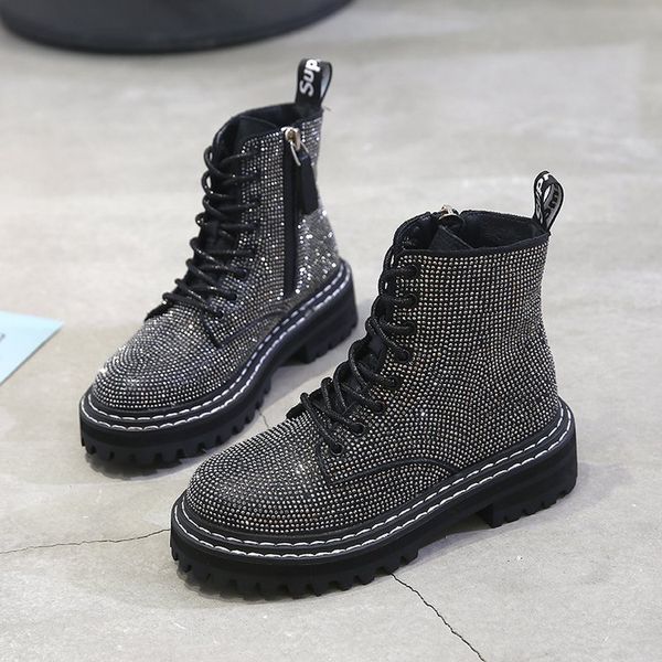 

winter women pumps dress boots platform fashion rhinestone lace up round toe mid heels snow botas women shoes mujer, Black