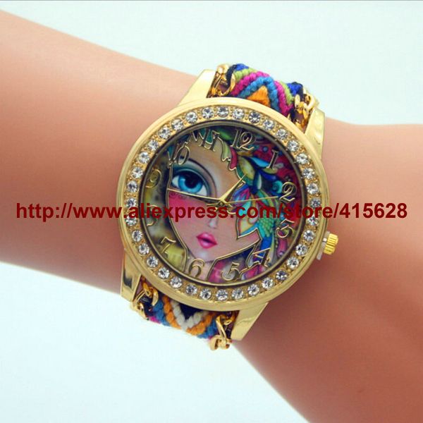 

2017 women dress watches fashion cartoon women pattern casual quartz wrist watches ladies braided rope bracelet watch 100pcs/lot, Slivery;brown