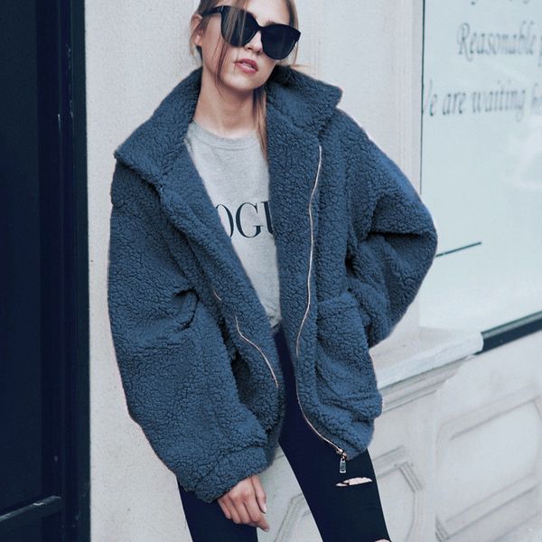 

yaxez casual faux fur pluffy warm thick coat women 2018 autumn winter zipper fleece jacket female plush oversize outerwear, Black