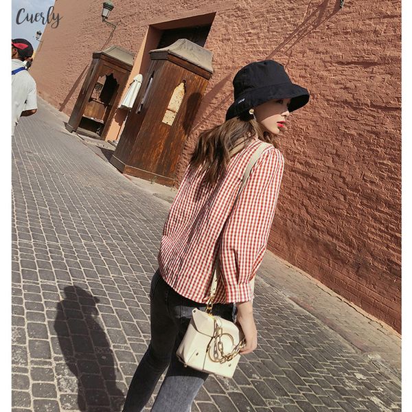 

shirts women spring autumn new loose female v neck plaid casual puff sleeve ladies mx18c4595, White