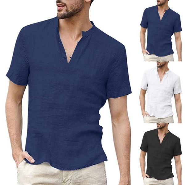 

men's loose cotton blend solid color button short sleeve shirt hawaiian slim fit turn down collar beach shirt streetwear, White;black