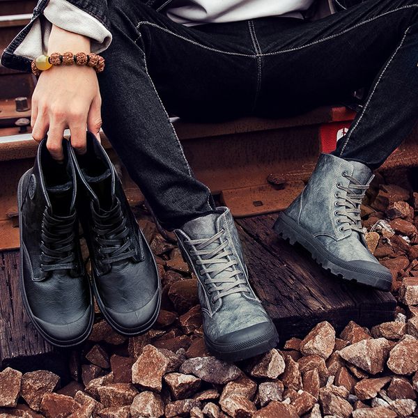 

spring faux leather casual shoes lace-up fall ankle boots chic skate sneakers retro plimsolls men fashion shoes, Black