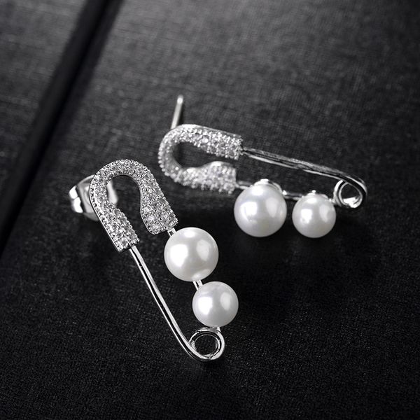 

fashion-women's earrings fashion stylized pin zircon pearl earrings, Silver