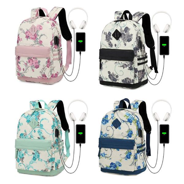 

women flower printed canvas backpack large capacity daypack usb charging port travel bookbag teenagers girls schoolbag