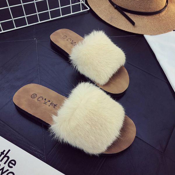 

36-40 women slippers fashion fluffy faux fur plush slippers women spring autumn winter slides flip flops flat shoes, Black